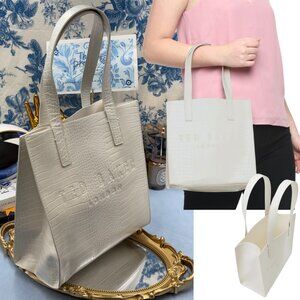 🆕 TED BAKER 🧿 NWOT REPTCON White Croc-Embossed Small Icon Tote Bag